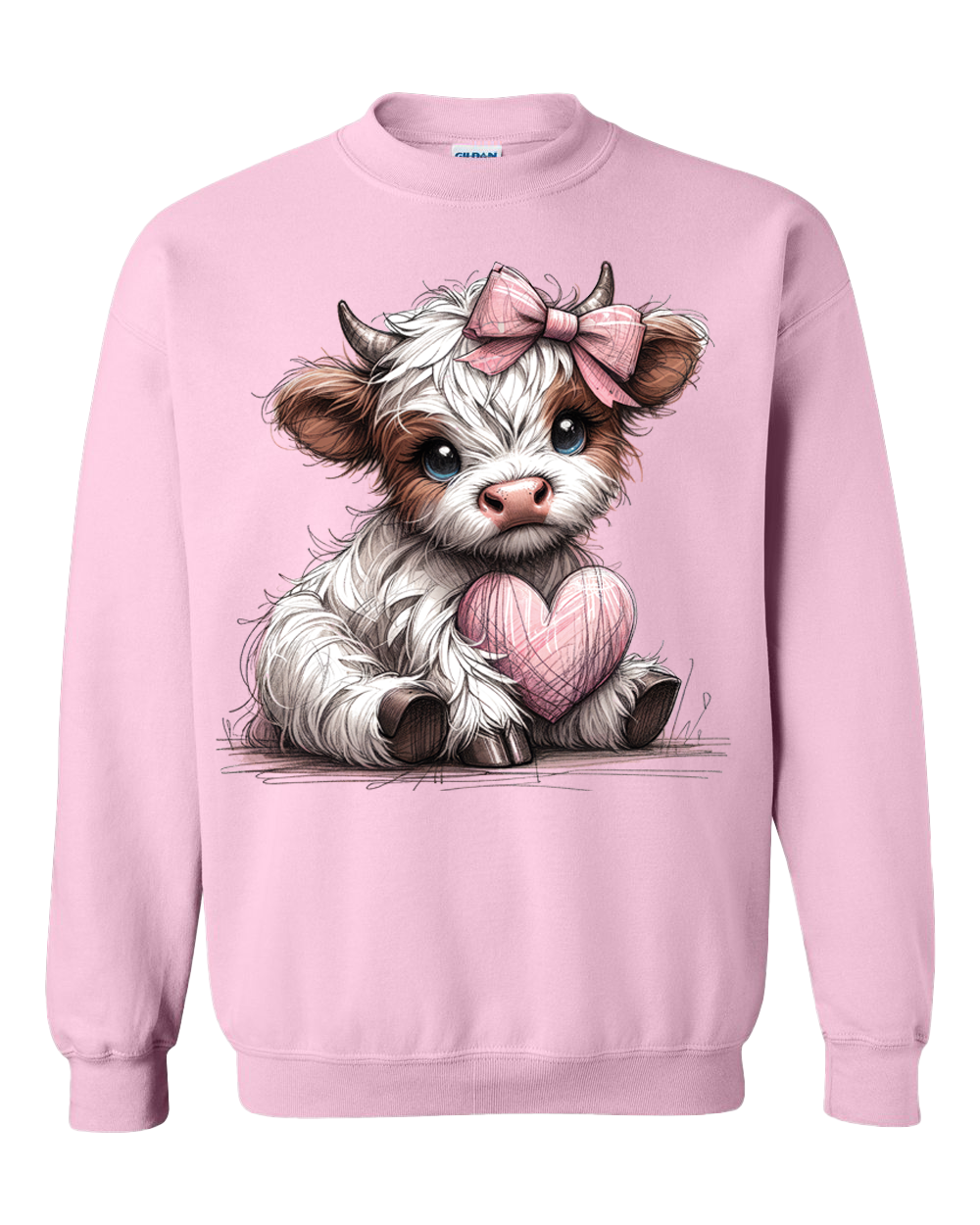 Adorable Pink Fluffy Cow With Bow & Heart Valentines Day Adult Sweatshirt/Hoodie
