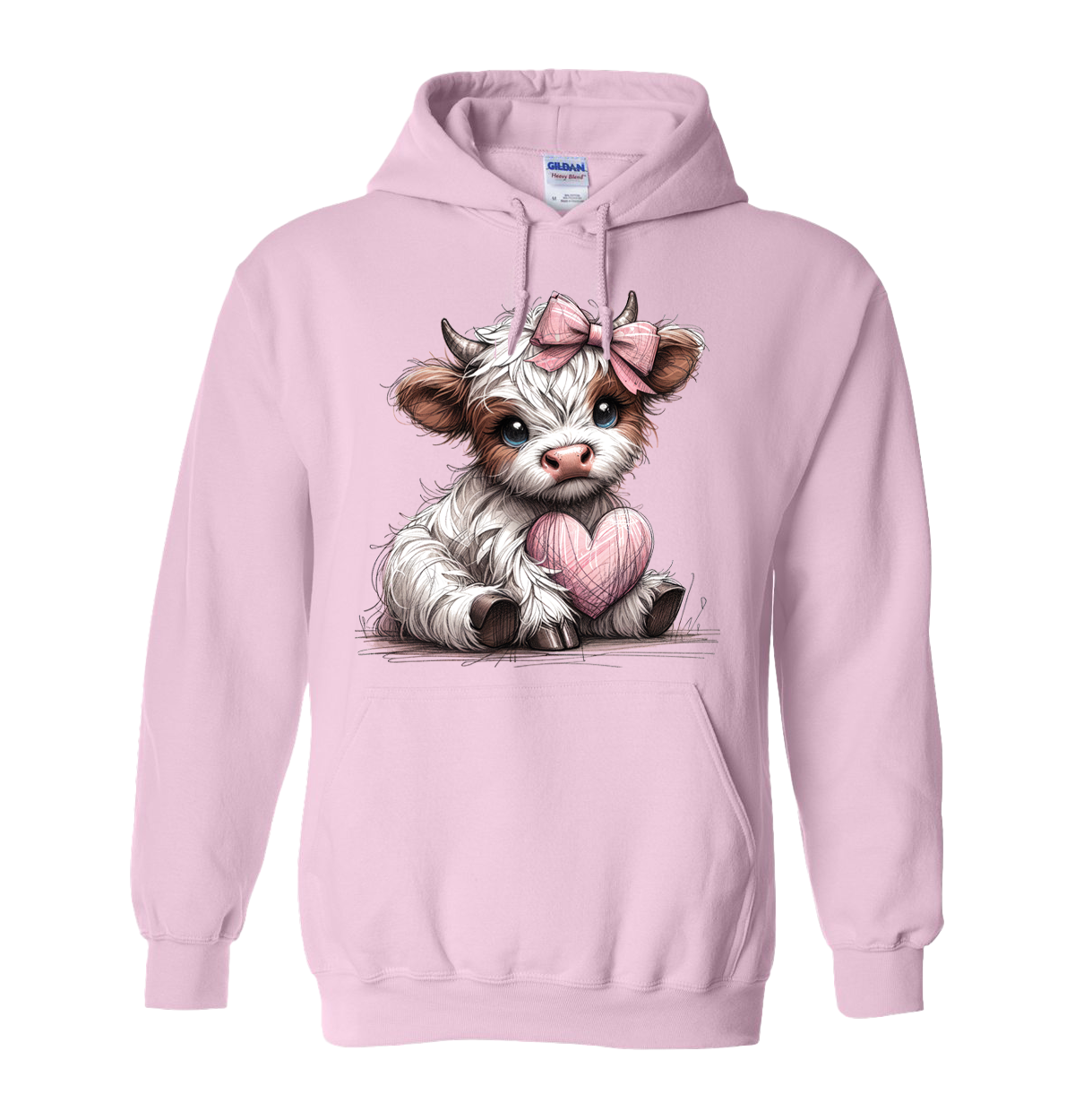 Adorable Pink Fluffy Cow With Bow & Heart Valentines Day Adult Sweatshirt/Hoodie
