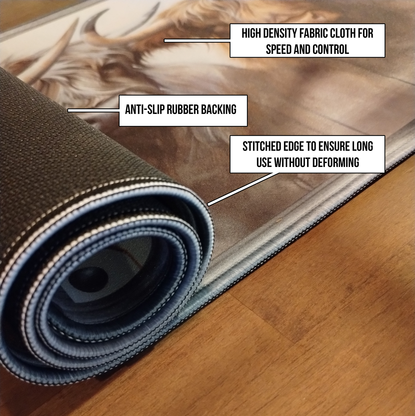 Multi-functional oversized 31.5" x 11.750" Desk/Mouse Pad. Seamlessly blending artistry with practicality. Non-slip backing and stitched edge.