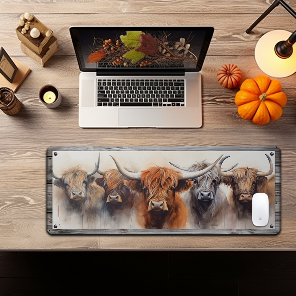 Multi-functional oversized 31.5" x 11.750" Desk/Mouse Pad. Seamlessly blending artistry with practicality. Non-slip backing and stitched edge.