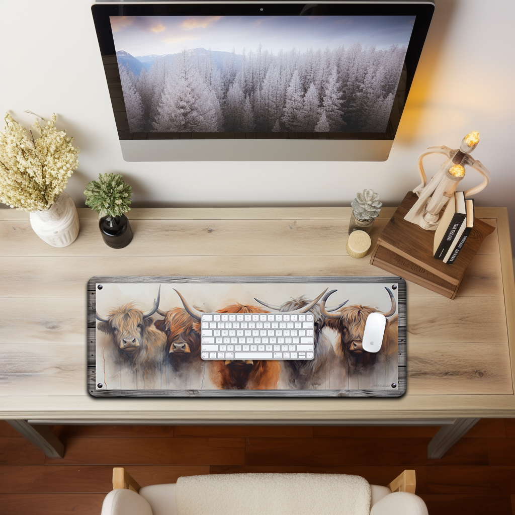 Multi-functional oversized 31.5" x 11.750" Desk/Mouse Pad. Seamlessly blending artistry with practicality. Non-slip backing and stitched edge.