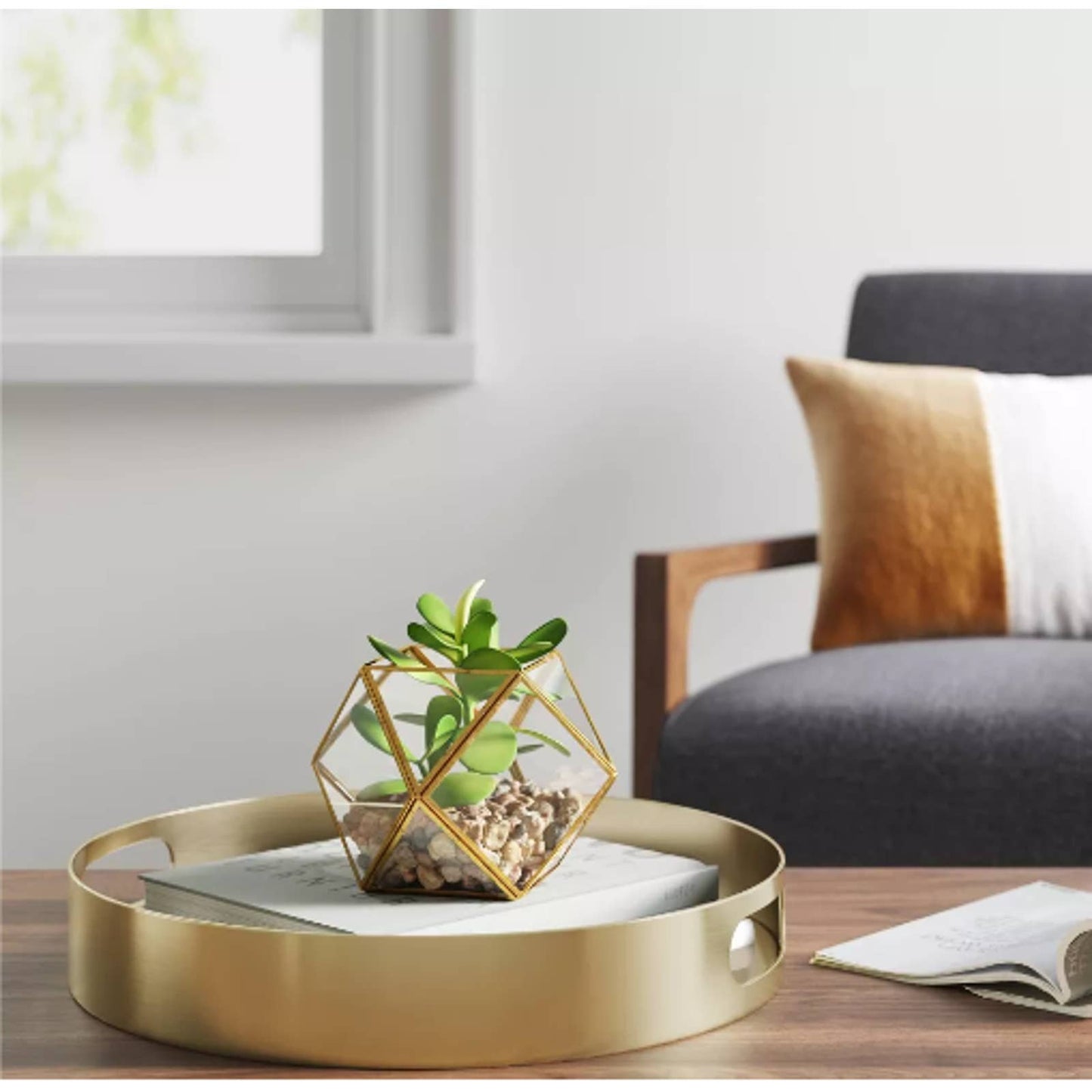 Set of (2) 5" x 4" Artificial Succulent Plant with Brass Terrarium - Opalhouse