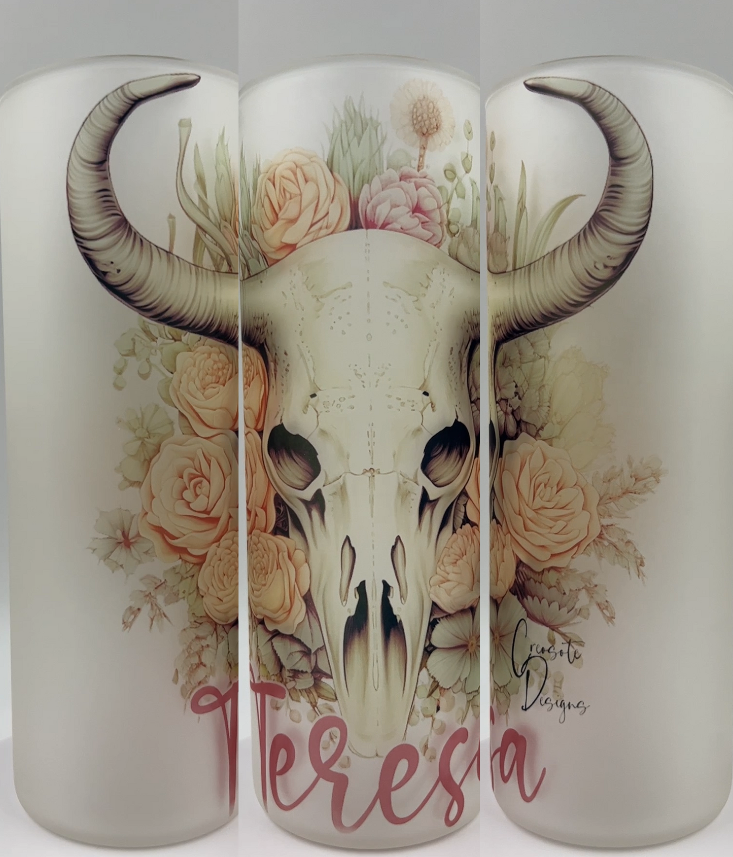 Creosote Designs Personalized Frosted Glass Tumbler Set with Straw- Butterfly, Dragonfly, Hummingbird and Flower with Name Customized Glass Tumbler 16 oz or 25 oz