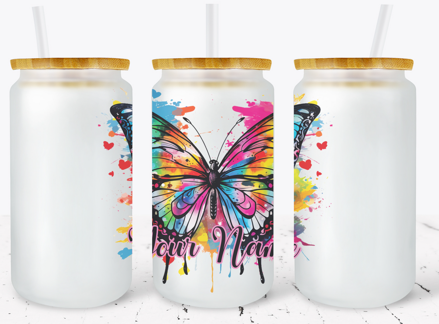 Creosote Designs Personalized Frosted Glass Tumbler Set with Straw- Butterfly, Dragonfly, Hummingbird and Flower with Name Customized Glass Tumbler 16 oz or 25 oz