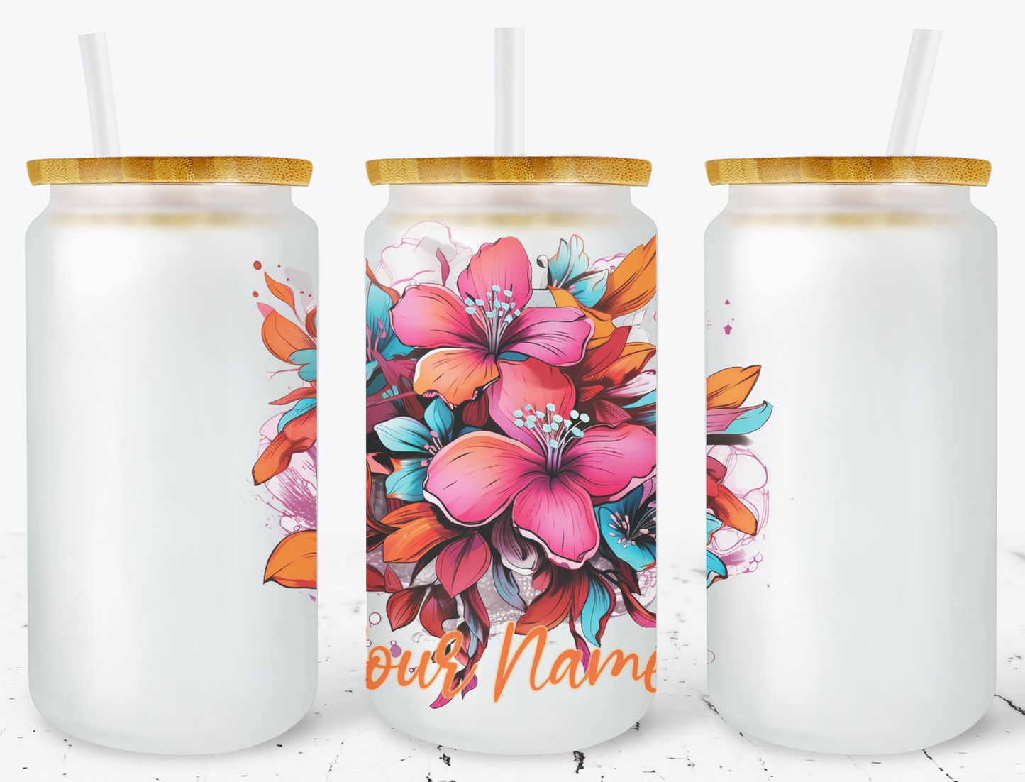 Creosote Designs Personalized Frosted Glass Tumbler Set with Straw- Butterfly, Dragonfly, Hummingbird and Flower with Name Customized Glass Tumbler 16 oz or 25 oz