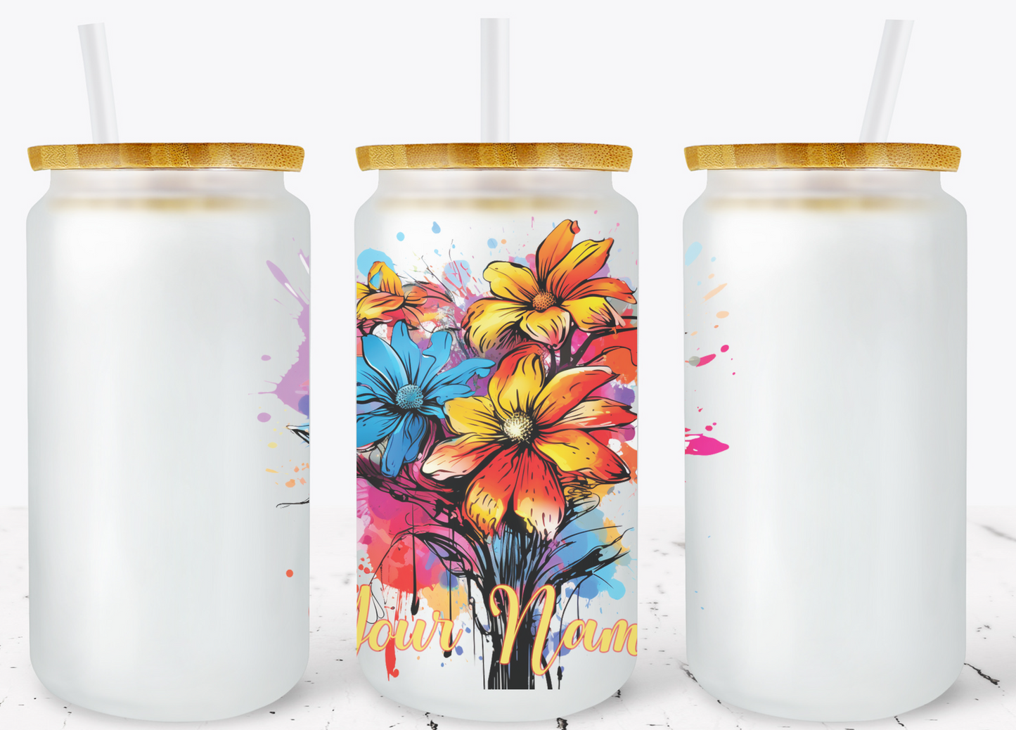 Creosote Designs Personalized Frosted Glass Tumbler Set with Straw- Butterfly, Dragonfly, Hummingbird and Flower with Name Customized Glass Tumbler 16 oz or 25 oz