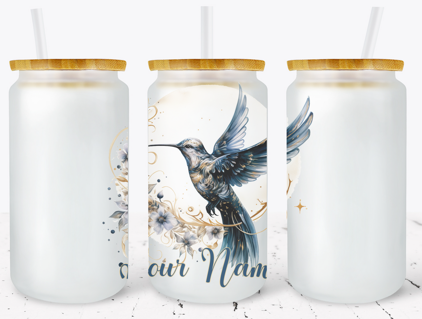 Creosote Designs Personalized Frosted Glass Tumbler Set with Straw- Butterfly, Dragonfly, Hummingbird and Flower with Name Customized Glass Tumbler 16 oz or 25 oz