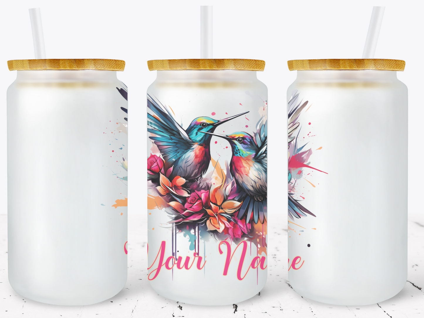 Creosote Designs Personalized Frosted Glass Tumbler Set with Straw- Butterfly, Dragonfly, Hummingbird and Flower with Name Customized Glass Tumbler 16 oz or 25 oz