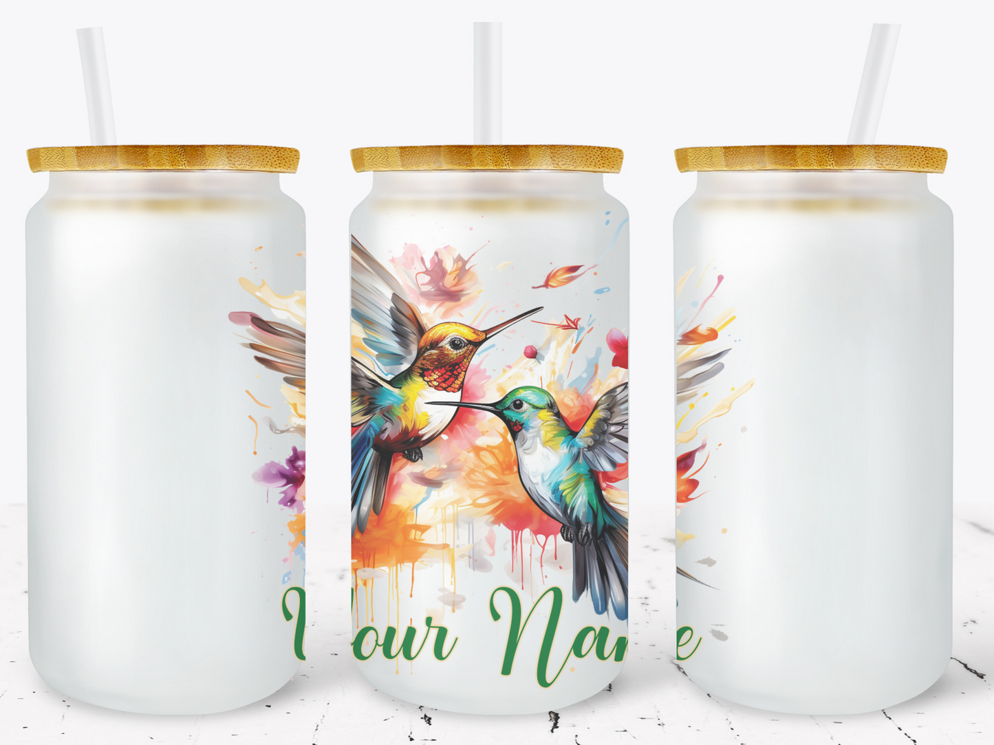 Creosote Designs Personalized Frosted Glass Tumbler Set with Straw- Butterfly, Dragonfly, Hummingbird and Flower with Name Customized Glass Tumbler 16 oz or 25 oz