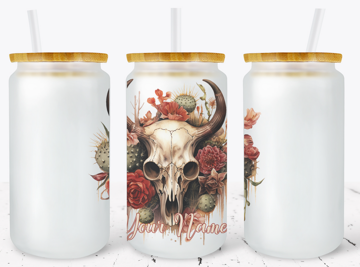 Creosote Designs Personalized Frosted Glass Tumbler Set with Straw- Butterfly, Dragonfly, Hummingbird and Flower with Name Customized Glass Tumbler 16 oz or 25 oz