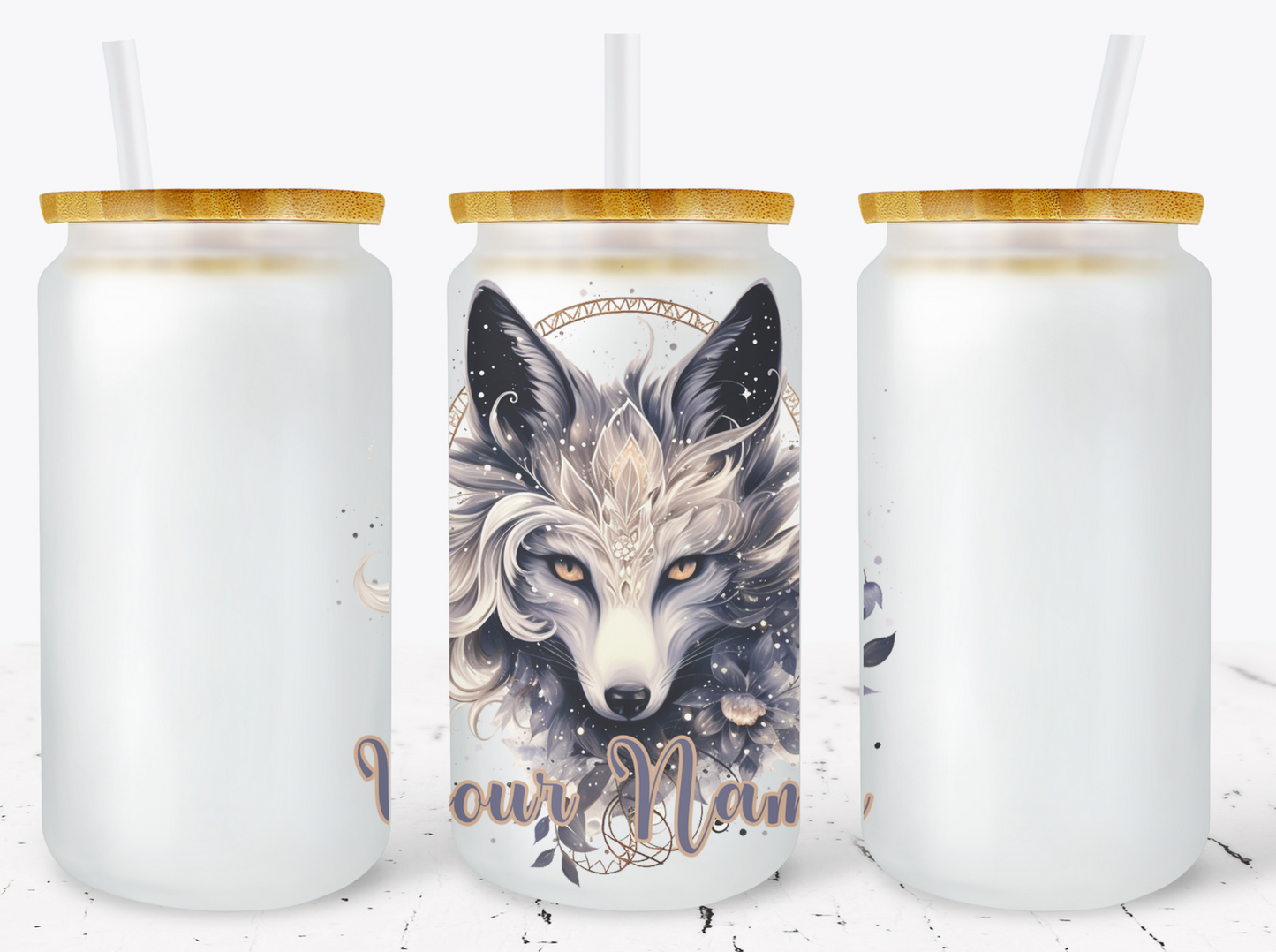 Creosote Designs Personalized Frosted Glass Tumbler Set with Straw- Butterfly, Dragonfly, Hummingbird and Flower with Name Customized Glass Tumbler 16 oz or 25 oz