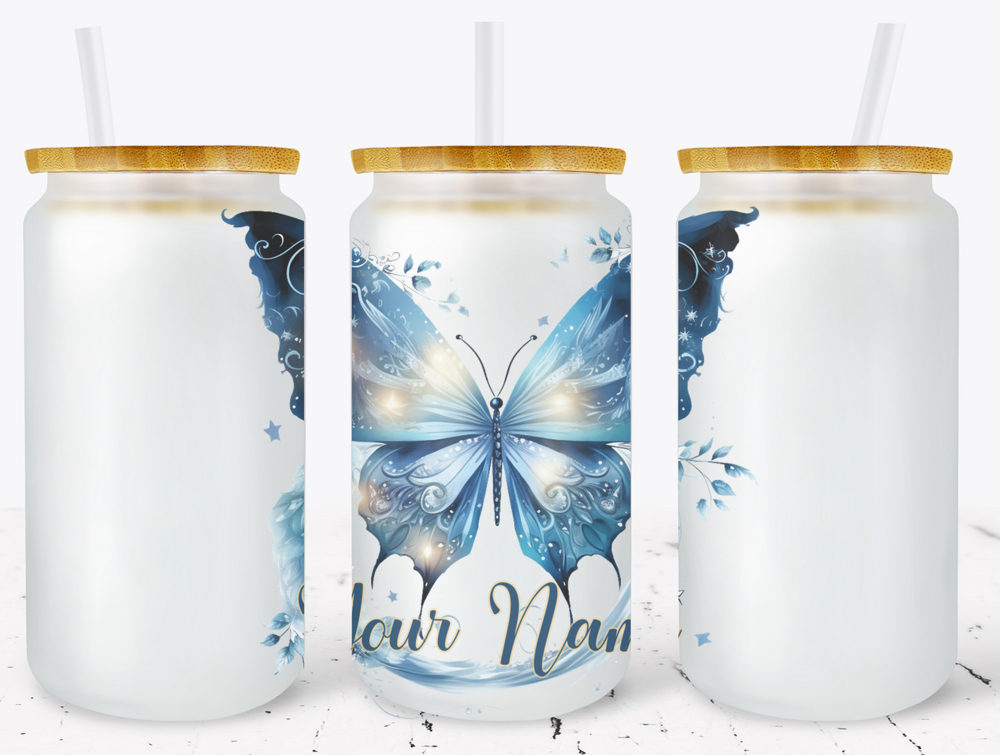 Creosote Designs Personalized Frosted Glass Tumbler Set with Straw- Butterfly, Dragonfly, Hummingbird and Flower with Name Customized Glass Tumbler 16 oz or 25 oz
