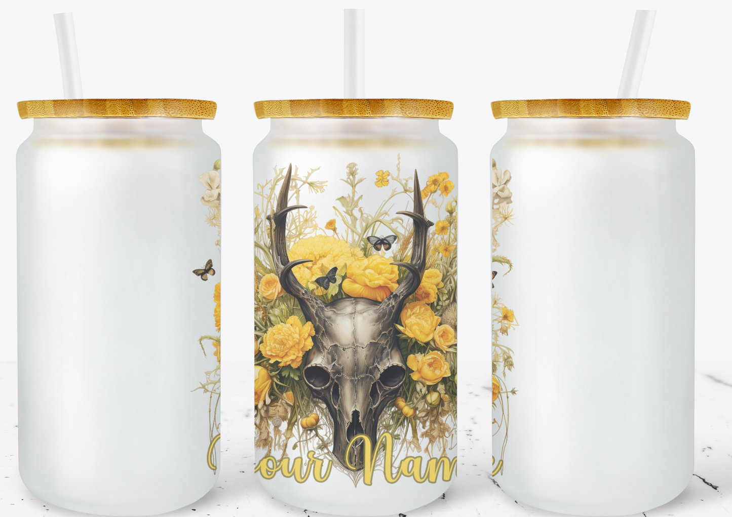 Creosote Designs Personalized Frosted Glass Tumbler Set with Straw- Butterfly, Dragonfly, Hummingbird and Flower with Name Customized Glass Tumbler 16 oz or 25 oz