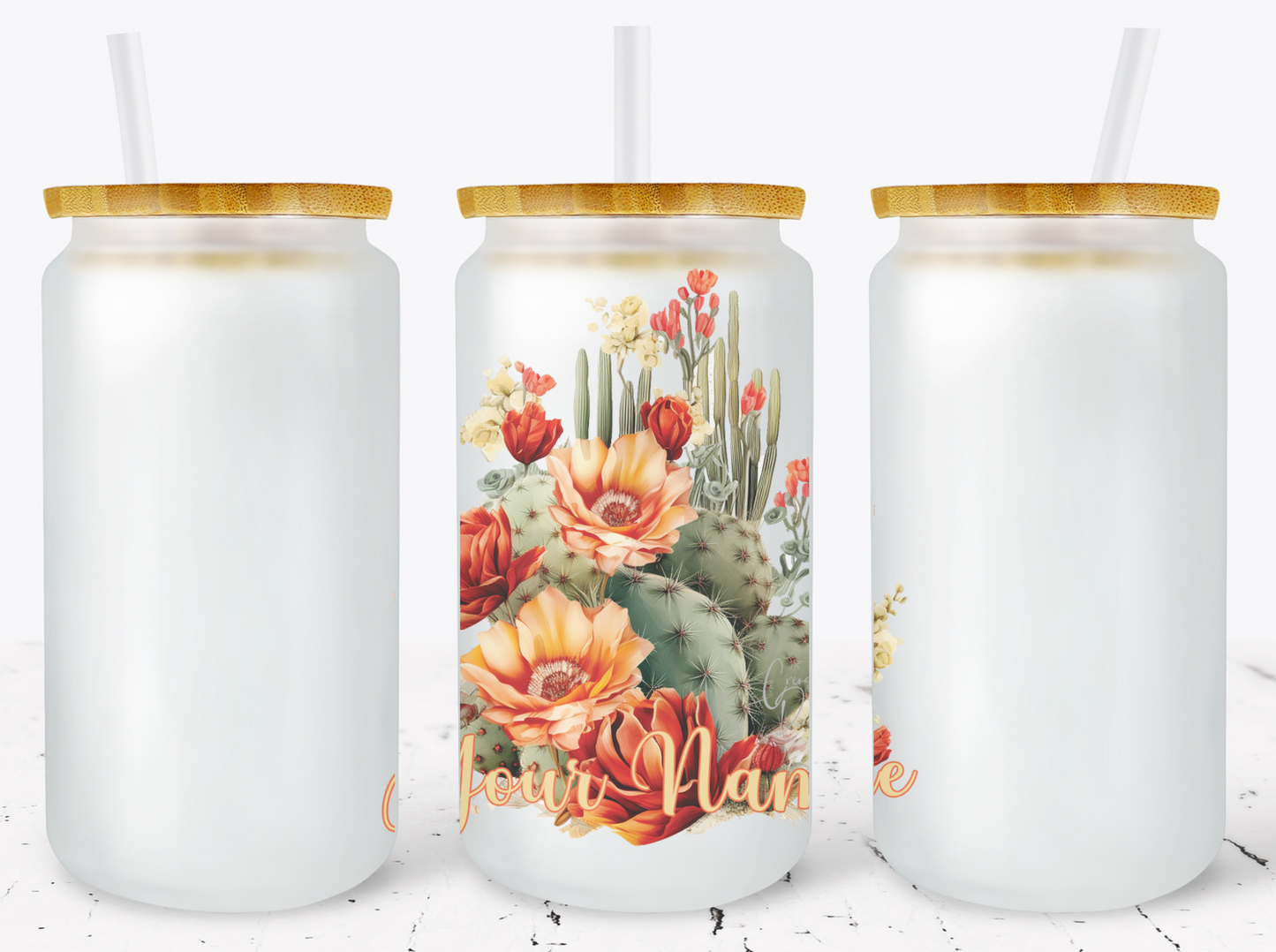 Creosote Designs Personalized Frosted Glass Tumbler Set with Straw- Butterfly, Dragonfly, Hummingbird and Flower with Name Customized Glass Tumbler 16 oz or 25 oz