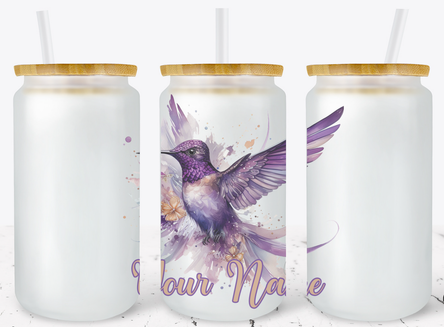 Creosote Designs Personalized Frosted Glass Tumbler Set with Straw- Butterfly, Dragonfly, Hummingbird and Flower with Name Customized Glass Tumbler 16 oz or 25 oz
