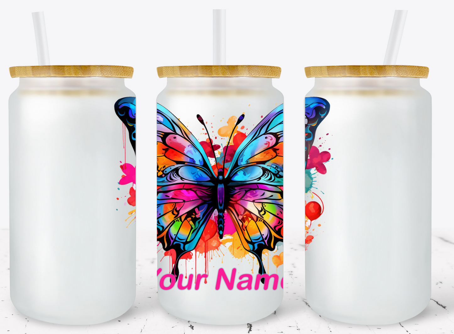 Creosote Designs Personalized Frosted Glass Tumbler Set with Straw- Butterfly, Dragonfly, Hummingbird and Flower with Name Customized Glass Tumbler 16 oz or 25 oz