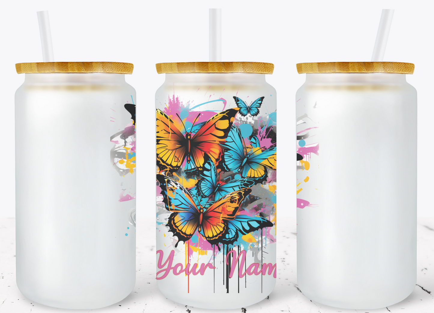 Creosote Designs Personalized Frosted Glass Tumbler Set with Straw- Butterfly, Dragonfly, Hummingbird and Flower with Name Customized Glass Tumbler 16 oz or 25 oz