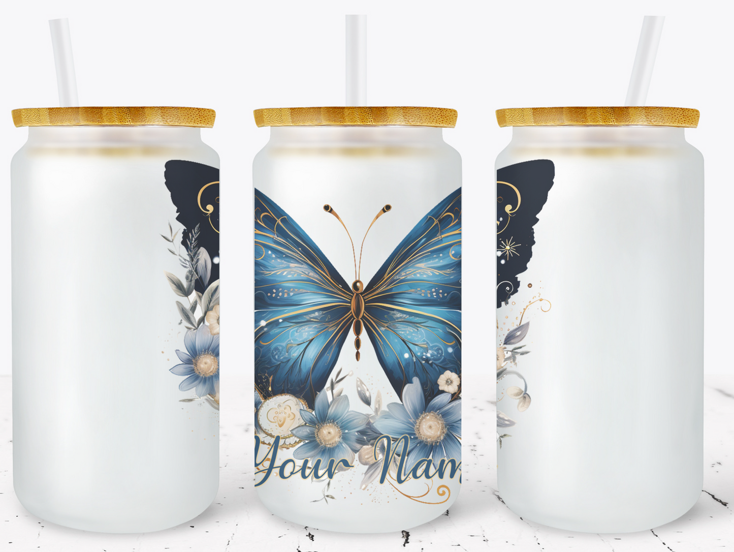 Creosote Designs Personalized Frosted Glass Tumbler Set with Straw- Butterfly, Dragonfly, Hummingbird and Flower with Name Customized Glass Tumbler 16 oz or 25 oz