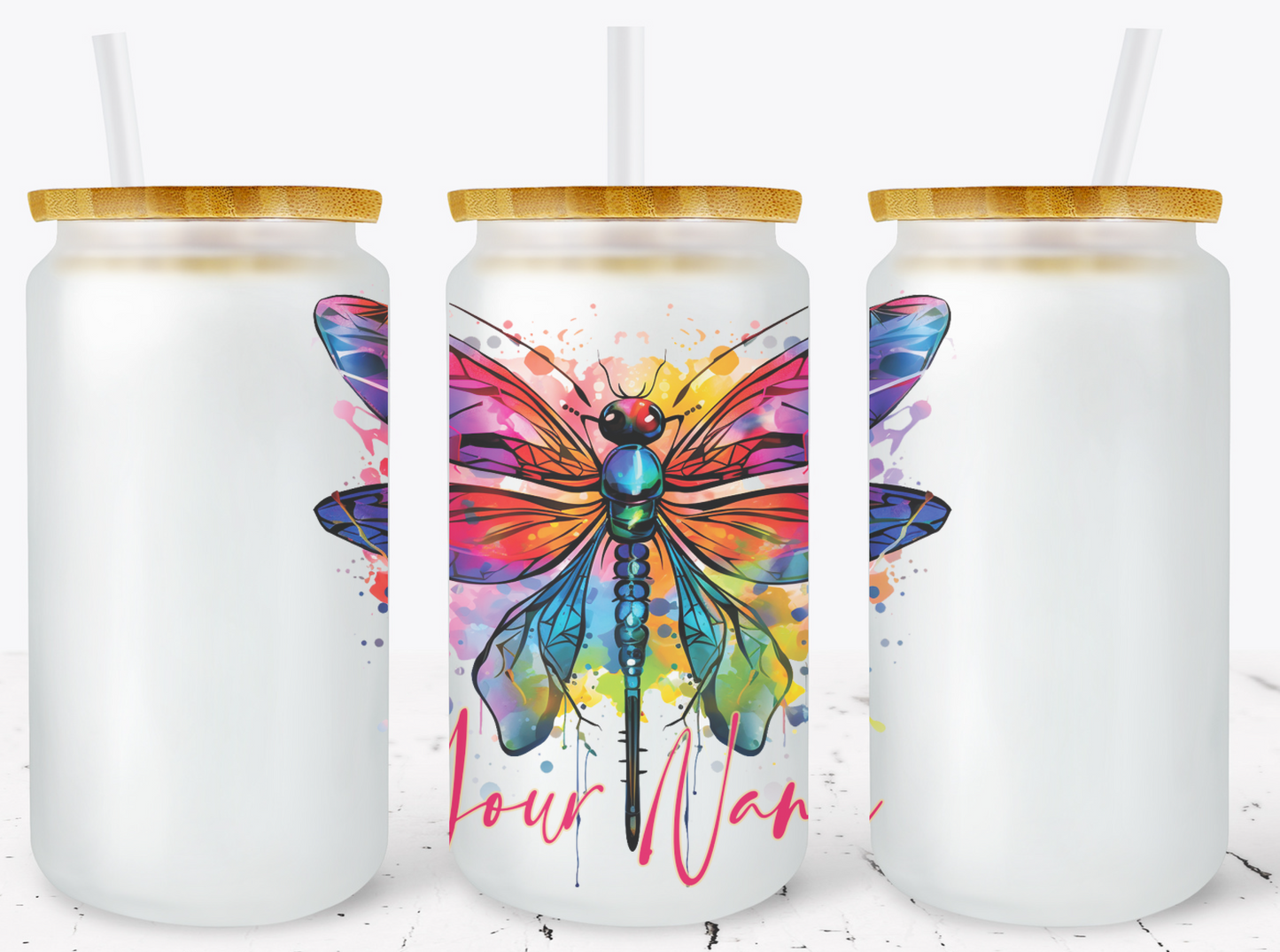 Creosote Designs Personalized Frosted Glass Tumbler Set with Straw- Butterfly, Dragonfly, Hummingbird and Flower with Name Customized Glass Tumbler 16 oz or 25 oz