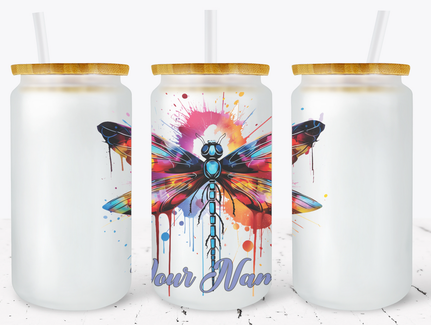 Creosote Designs Personalized Frosted Glass Tumbler Set with Straw- Butterfly, Dragonfly, Hummingbird and Flower with Name Customized Glass Tumbler 16 oz or 25 oz