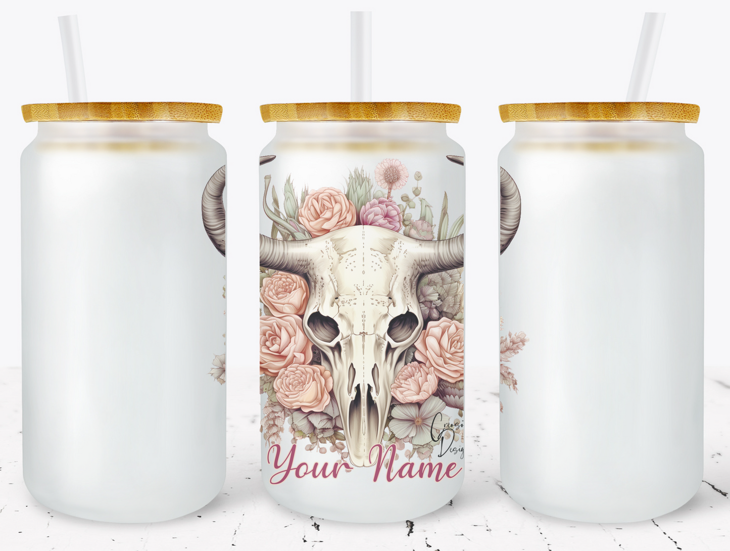 Creosote Designs Personalized Frosted Glass Tumbler Set with Straw- Butterfly, Dragonfly, Hummingbird and Flower with Name Customized Glass Tumbler 16 oz or 25 oz