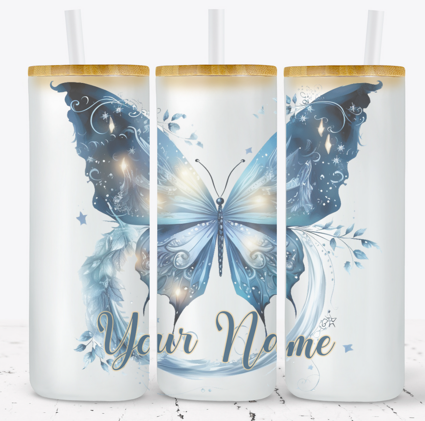 Creosote Designs Personalized Frosted Glass Tumbler Set with Straw- Butterfly, Dragonfly, Hummingbird and Flower with Name Customized Glass Tumbler 16 oz or 25 oz
