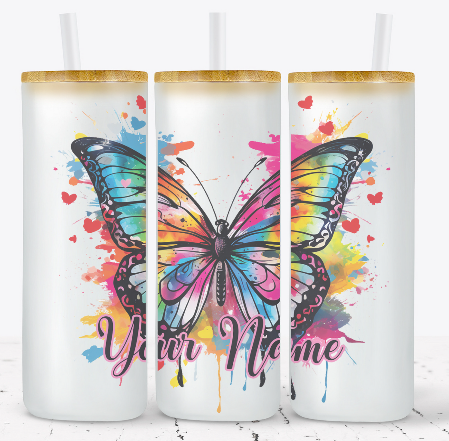 Creosote Designs Personalized Frosted Glass Tumbler Set with Straw- Butterfly, Dragonfly, Hummingbird and Flower with Name Customized Glass Tumbler 16 oz or 25 oz