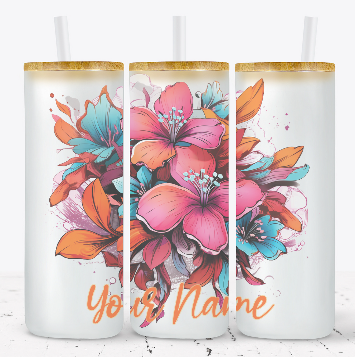 Creosote Designs Personalized Frosted Glass Tumbler Set with Straw- Butterfly, Dragonfly, Hummingbird and Flower with Name Customized Glass Tumbler 16 oz or 25 oz