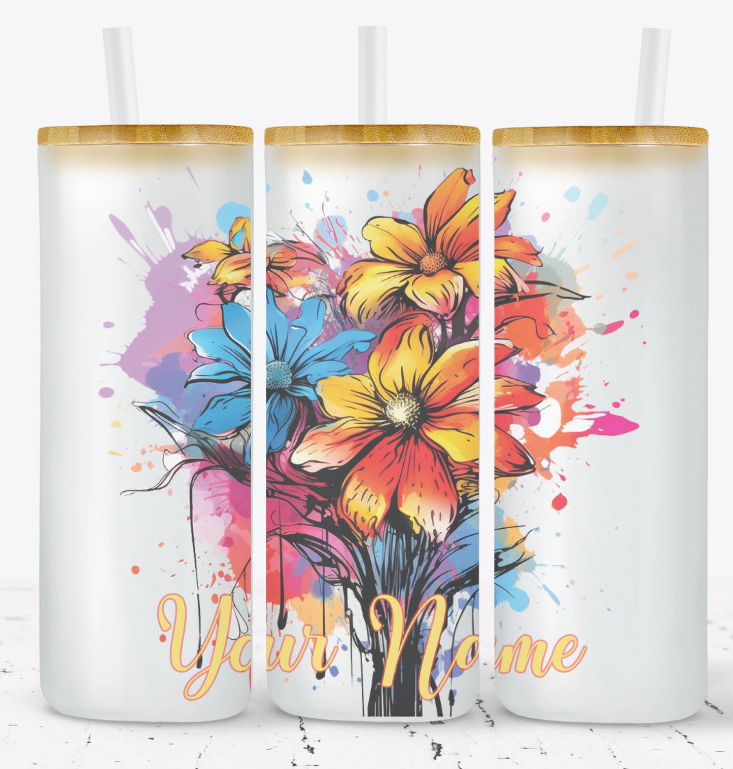 Creosote Designs Personalized Frosted Glass Tumbler Set with Straw- Butterfly, Dragonfly, Hummingbird and Flower with Name Customized Glass Tumbler 16 oz or 25 oz