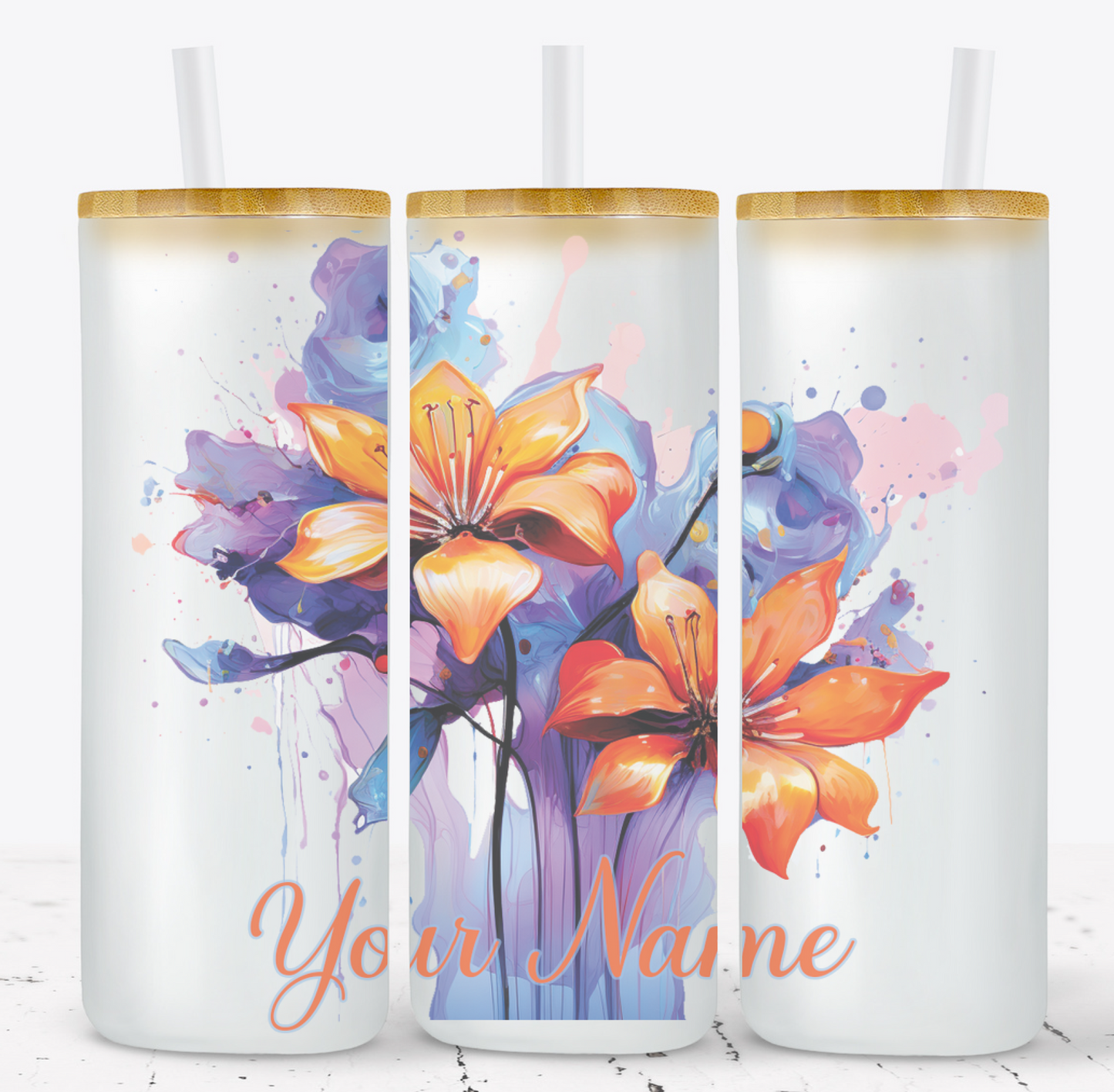 Creosote Designs Personalized Frosted Glass Tumbler Set with Straw- Butterfly, Dragonfly, Hummingbird and Flower with Name Customized Glass Tumbler 16 oz or 25 oz