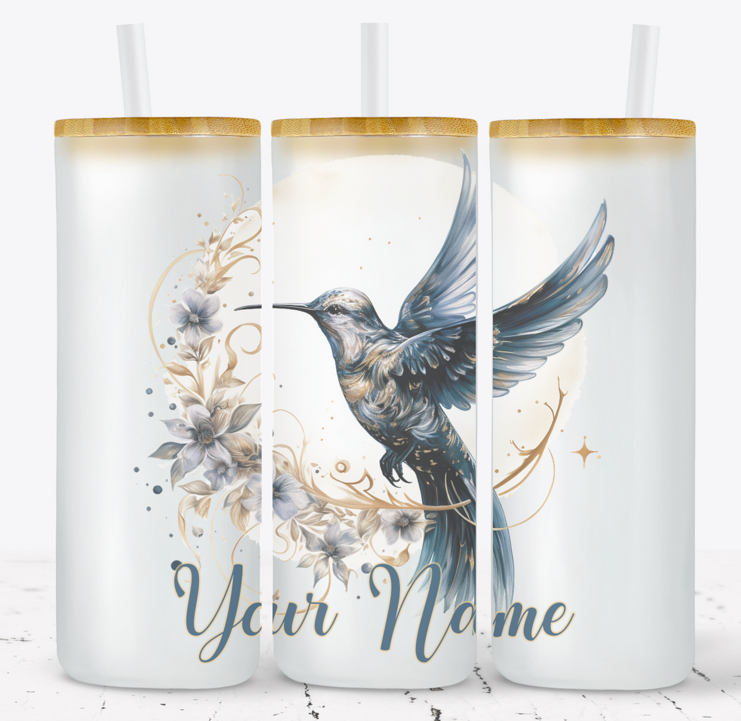 Creosote Designs Personalized Frosted Glass Tumbler Set with Straw- Butterfly, Dragonfly, Hummingbird and Flower with Name Customized Glass Tumbler 16 oz or 25 oz