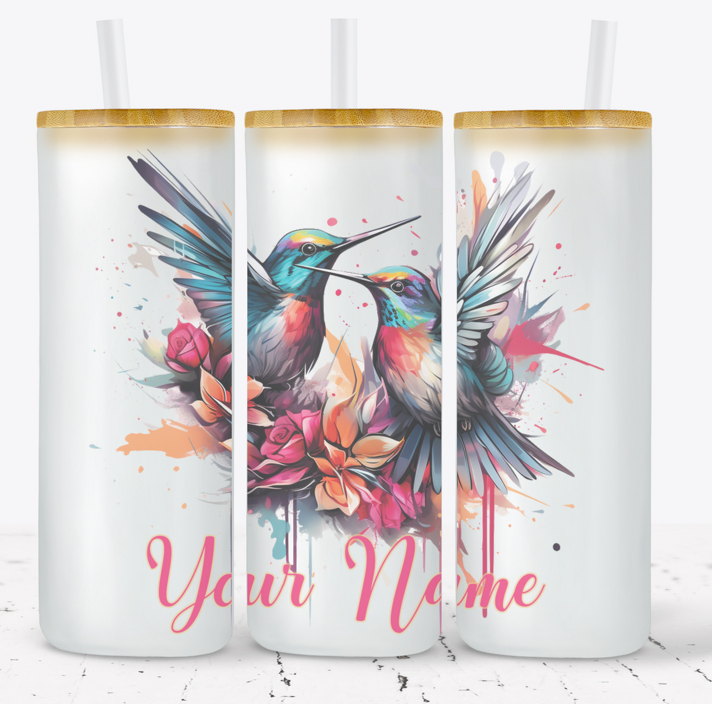 Creosote Designs Personalized Frosted Glass Tumbler Set with Straw- Butterfly, Dragonfly, Hummingbird and Flower with Name Customized Glass Tumbler 16 oz or 25 oz
