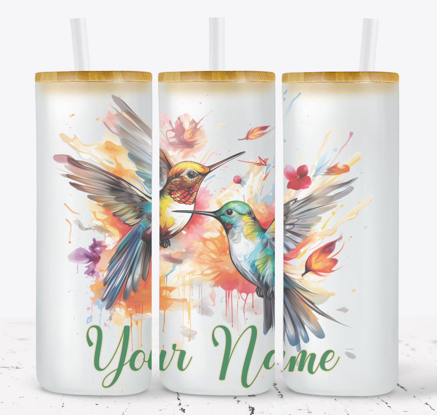 Creosote Designs Personalized Frosted Glass Tumbler Set with Straw- Butterfly, Dragonfly, Hummingbird and Flower with Name Customized Glass Tumbler 16 oz or 25 oz