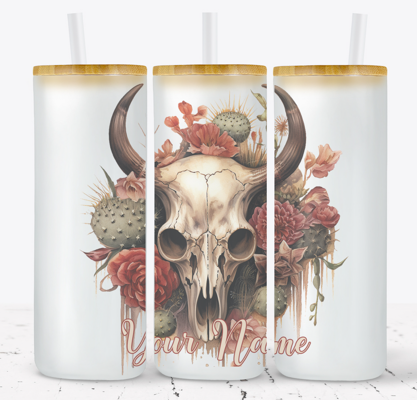 Creosote Designs Personalized Frosted Glass Tumbler Set with Straw- Butterfly, Dragonfly, Hummingbird and Flower with Name Customized Glass Tumbler 16 oz or 25 oz