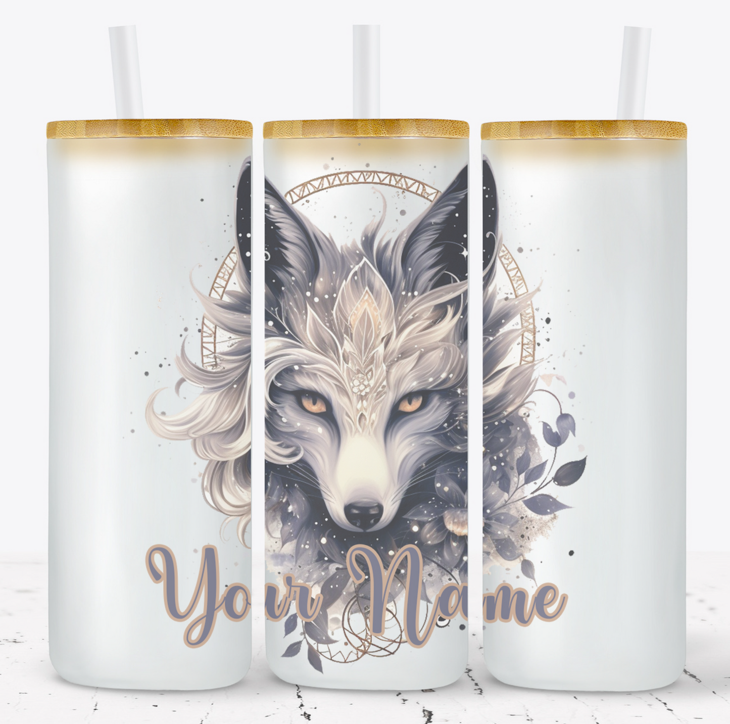 Creosote Designs Personalized Frosted Glass Tumbler Set with Straw- Butterfly, Dragonfly, Hummingbird and Flower with Name Customized Glass Tumbler 16 oz or 25 oz