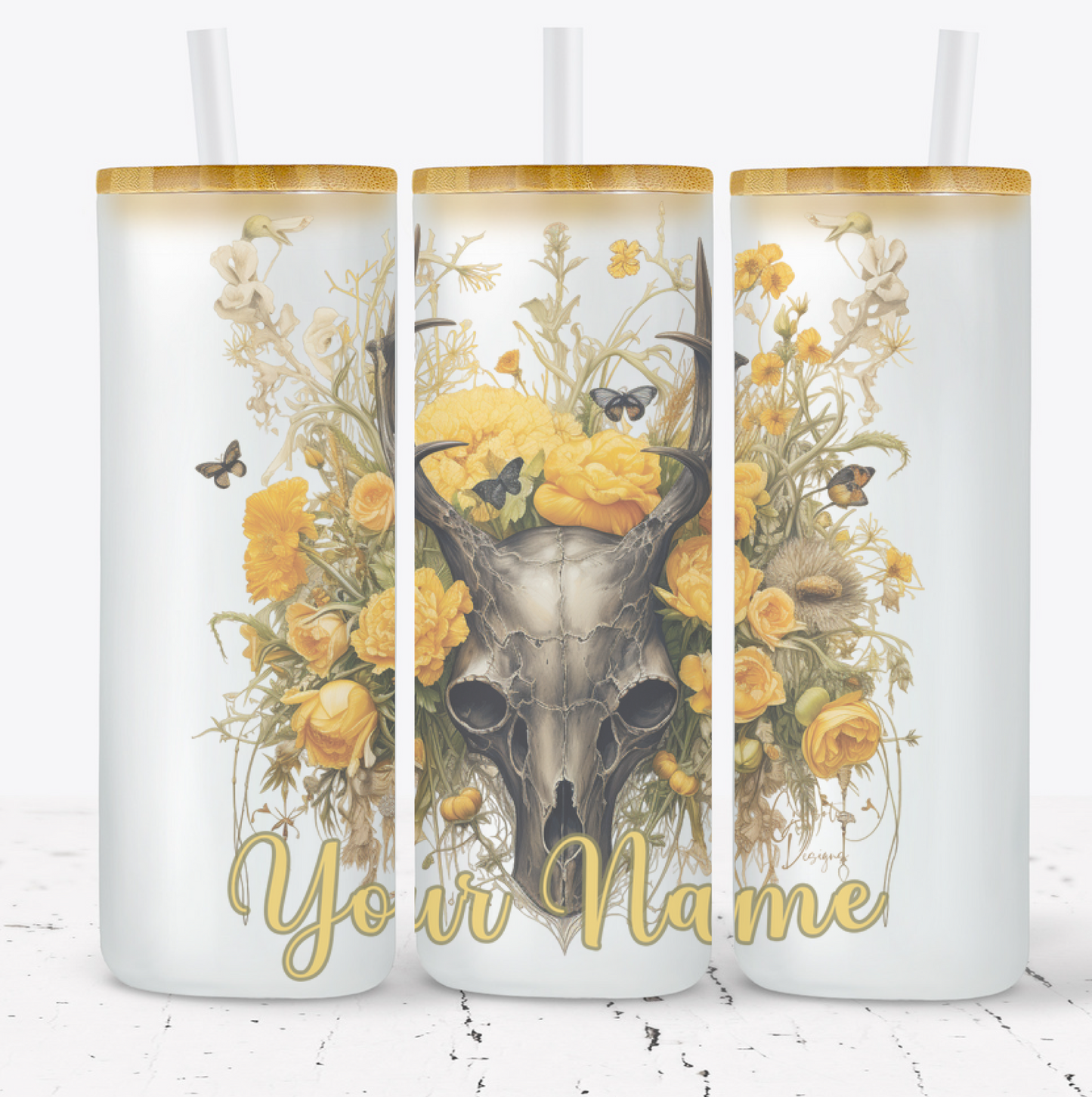 Creosote Designs Personalized Frosted Glass Tumbler Set with Straw- Butterfly, Dragonfly, Hummingbird and Flower with Name Customized Glass Tumbler 16 oz or 25 oz