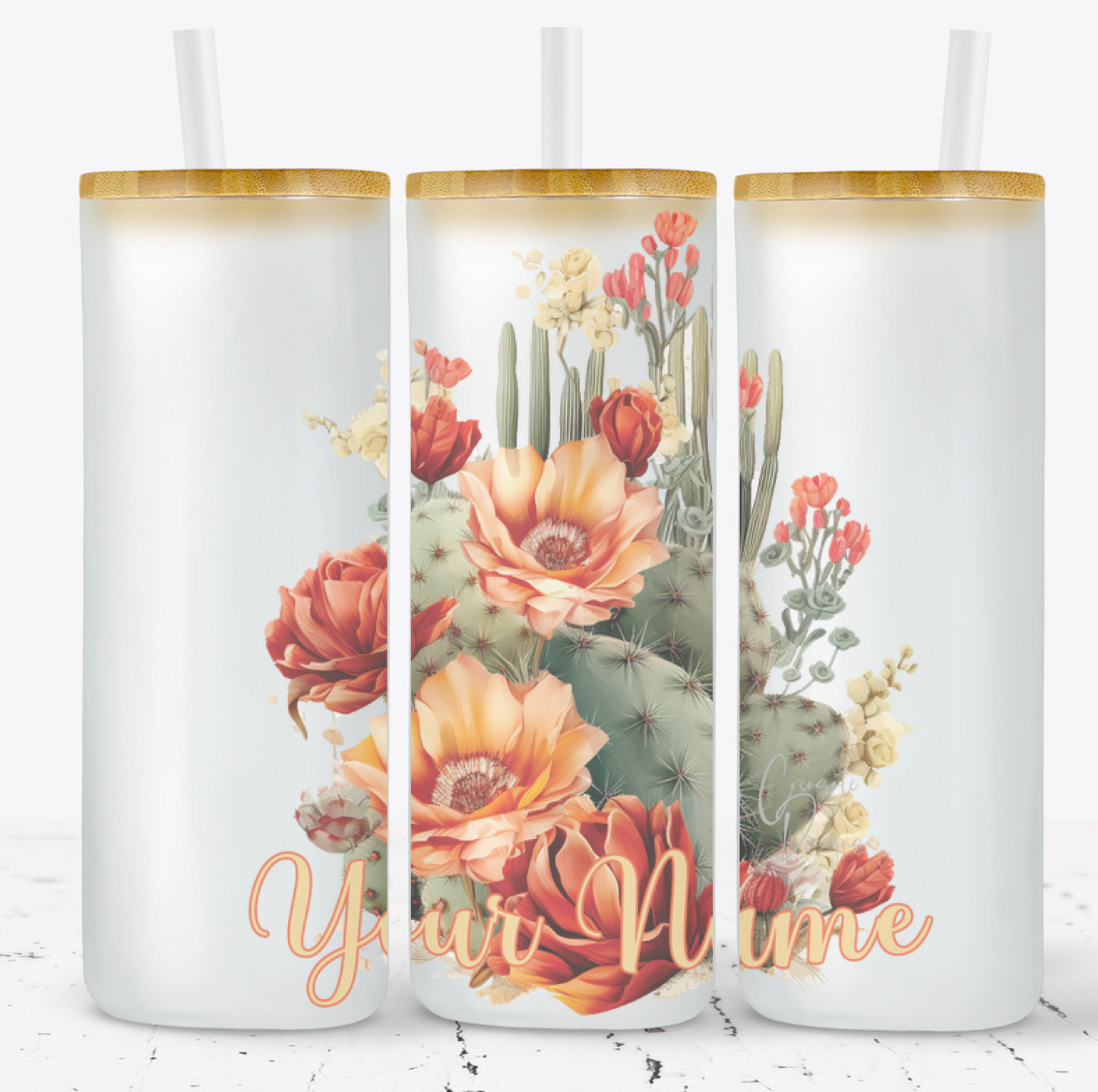 Creosote Designs Personalized Frosted Glass Tumbler Set with Straw- Butterfly, Dragonfly, Hummingbird and Flower with Name Customized Glass Tumbler 16 oz or 25 oz