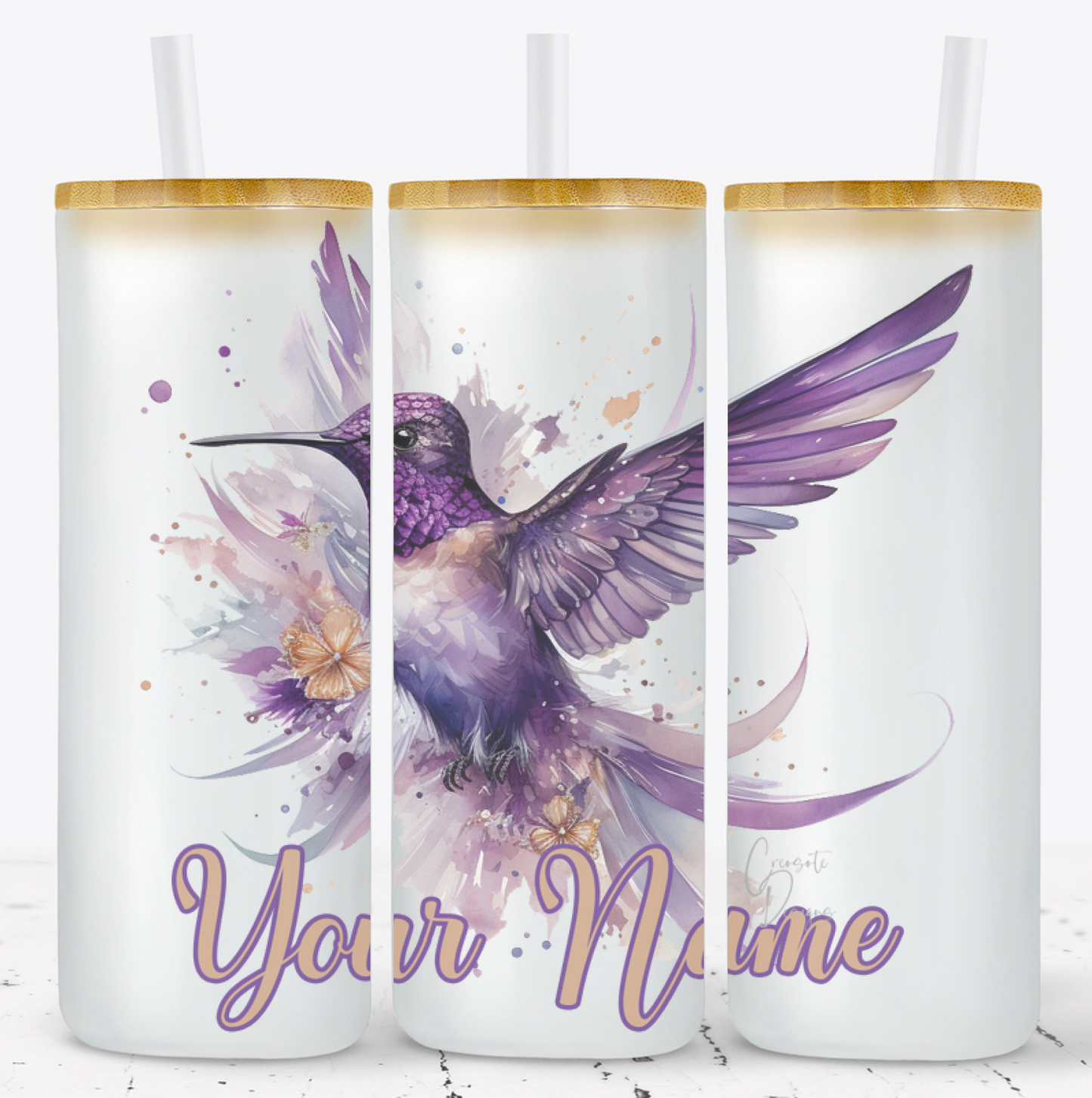 Creosote Designs Personalized Frosted Glass Tumbler Set with Straw- Butterfly, Dragonfly, Hummingbird and Flower with Name Customized Glass Tumbler 16 oz or 25 oz