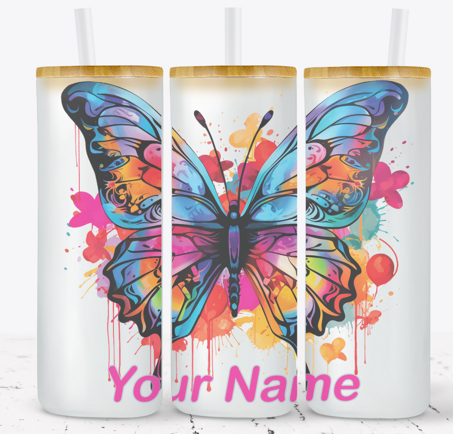 Creosote Designs Personalized Frosted Glass Tumbler Set with Straw- Butterfly, Dragonfly, Hummingbird and Flower with Name Customized Glass Tumbler 16 oz or 25 oz