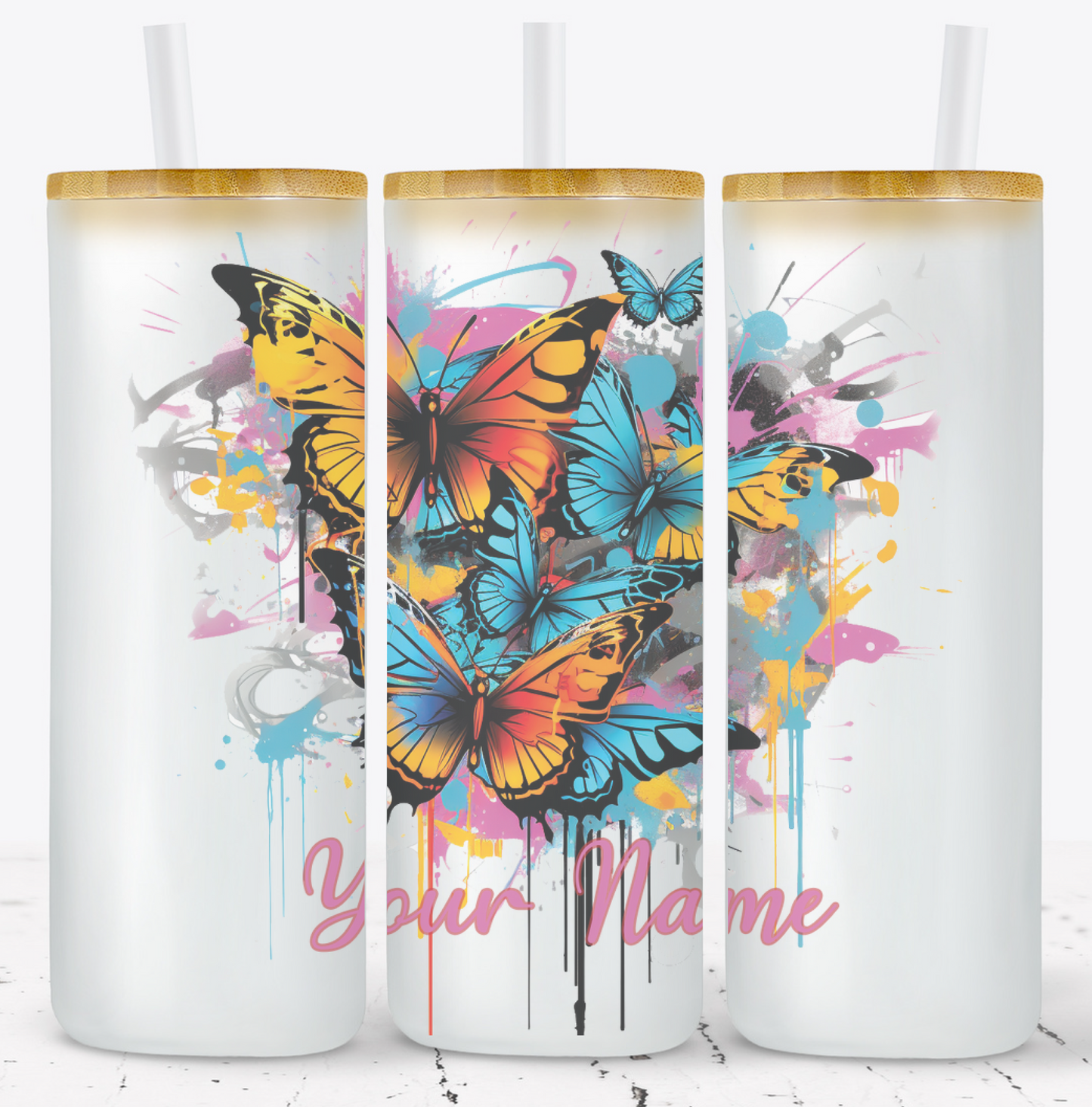 Creosote Designs Personalized Frosted Glass Tumbler Set with Straw- Butterfly, Dragonfly, Hummingbird and Flower with Name Customized Glass Tumbler 16 oz or 25 oz