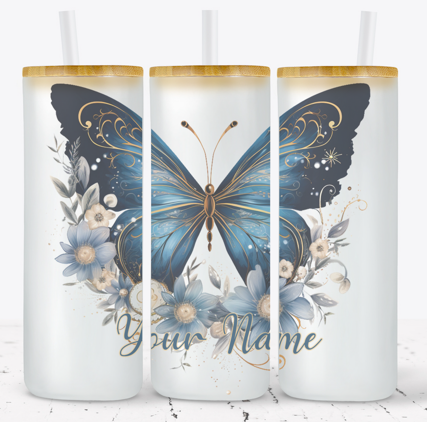 Creosote Designs Personalized Frosted Glass Tumbler Set with Straw- Butterfly, Dragonfly, Hummingbird and Flower with Name Customized Glass Tumbler 16 oz or 25 oz