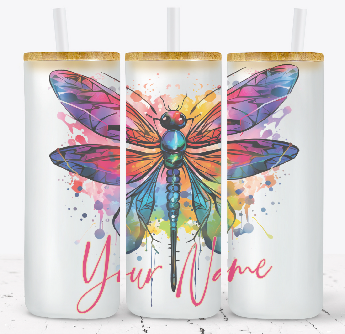 Creosote Designs Personalized Frosted Glass Tumbler Set with Straw- Butterfly, Dragonfly, Hummingbird and Flower with Name Customized Glass Tumbler 16 oz or 25 oz