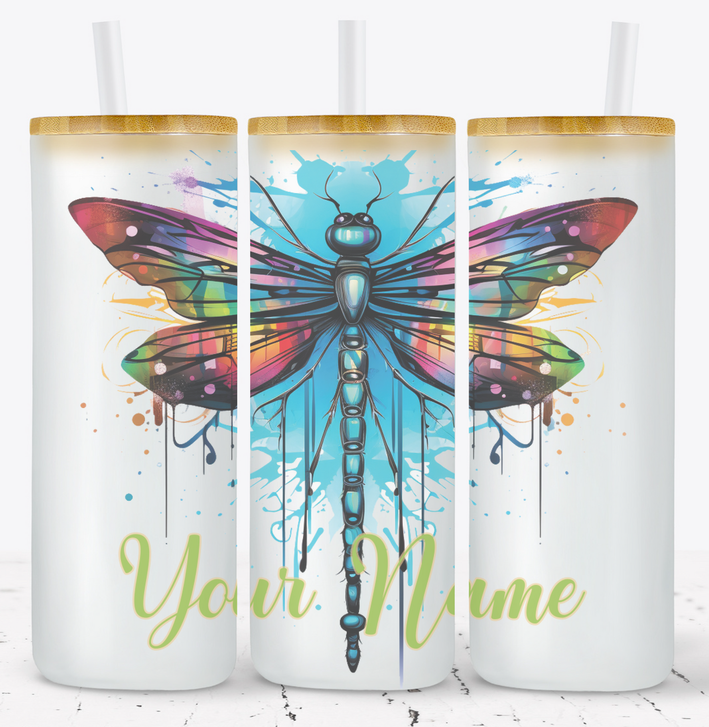 Creosote Designs Personalized Frosted Glass Tumbler Set with Straw- Butterfly, Dragonfly, Hummingbird and Flower with Name Customized Glass Tumbler 16 oz or 25 oz