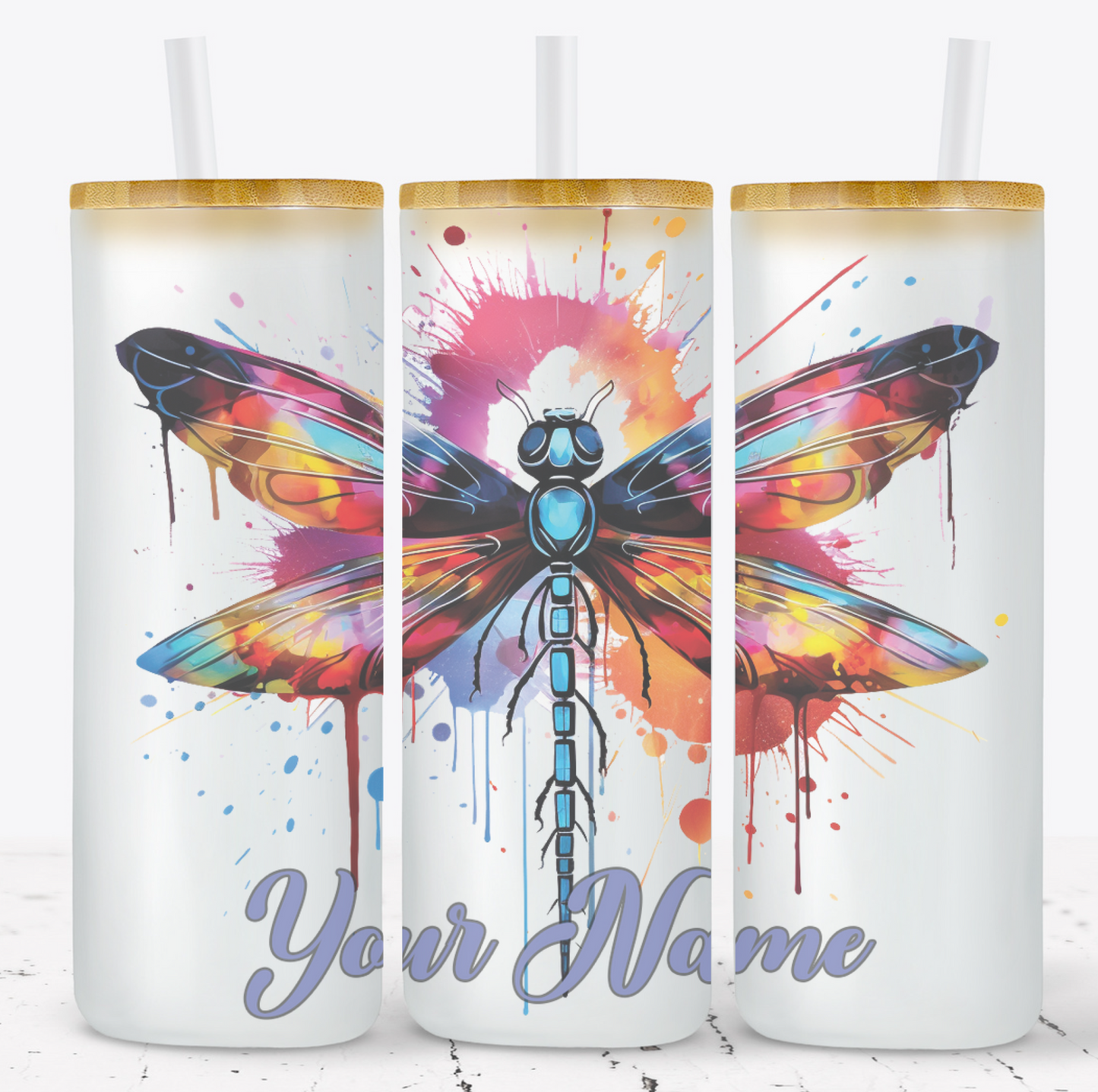 Creosote Designs Personalized Frosted Glass Tumbler Set with Straw- Butterfly, Dragonfly, Hummingbird and Flower with Name Customized Glass Tumbler 16 oz or 25 oz