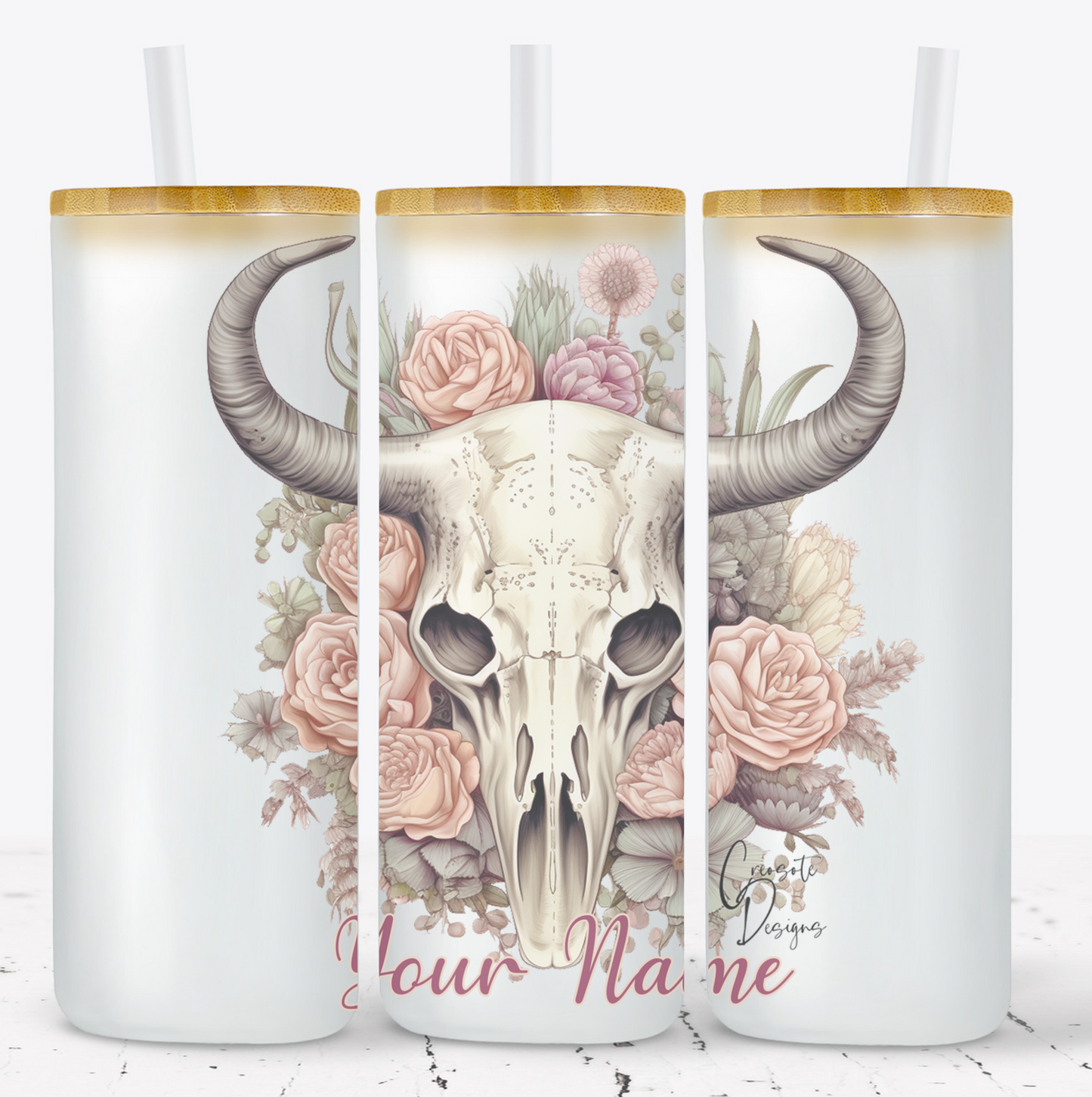 Creosote Designs Personalized Frosted Glass Tumbler Set with Straw- Butterfly, Dragonfly, Hummingbird and Flower with Name Customized Glass Tumbler 16 oz or 25 oz