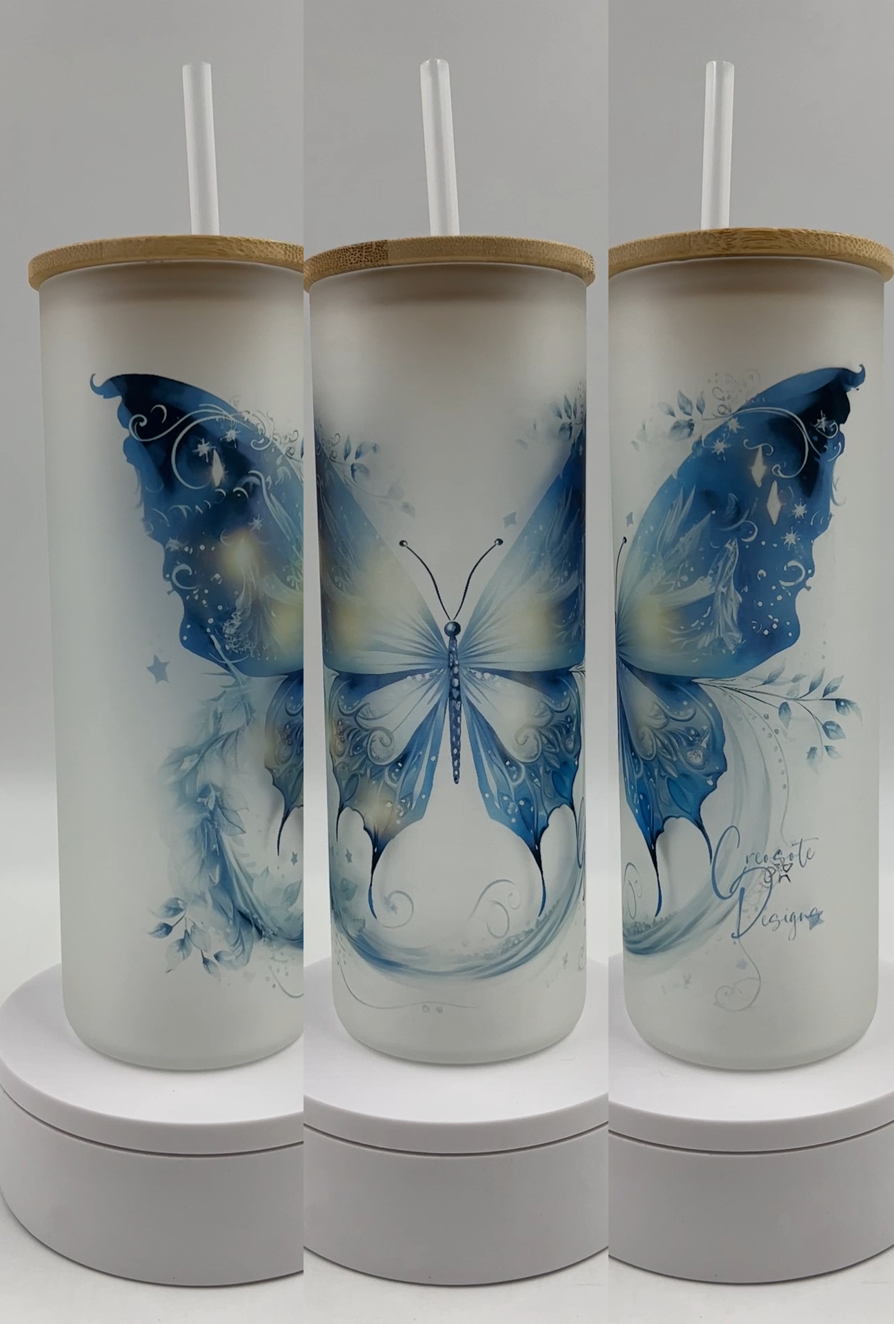 Creosote Designs Personalized Frosted Glass Tumbler Set with Straw- Butterfly, Dragonfly, Hummingbird and Flower with Name Customized Glass Tumbler 16 oz or 25 oz