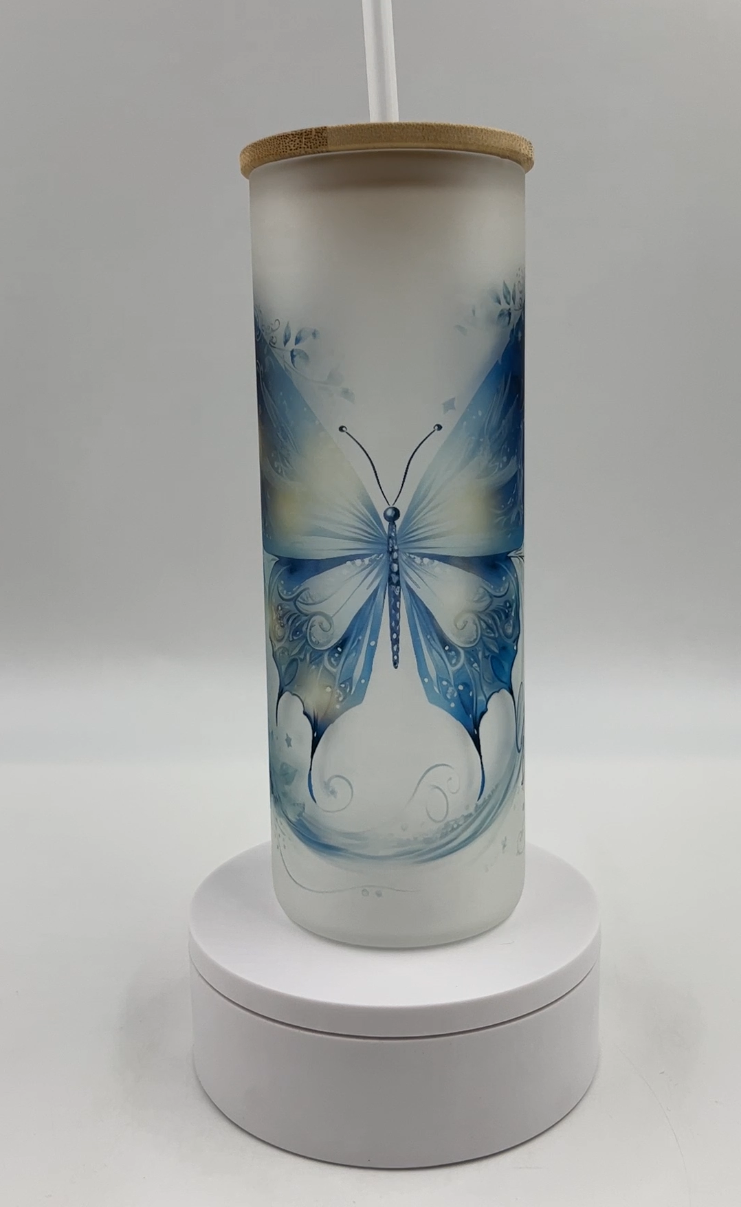 Creosote Designs Personalized Frosted Glass Tumbler Set with Straw- Butterfly, Dragonfly, Hummingbird and Flower with Name Customized Glass Tumbler 16 oz or 25 oz