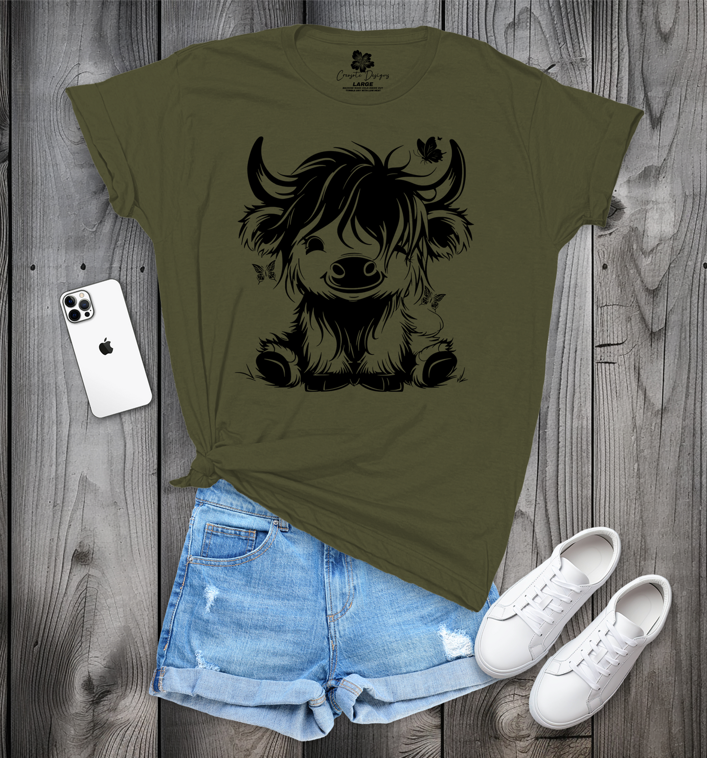 Cute Sitting Highland Cow with Butterflies T-Shirt, Cute Cow T-Shirt, Baby Cow T-Shirt