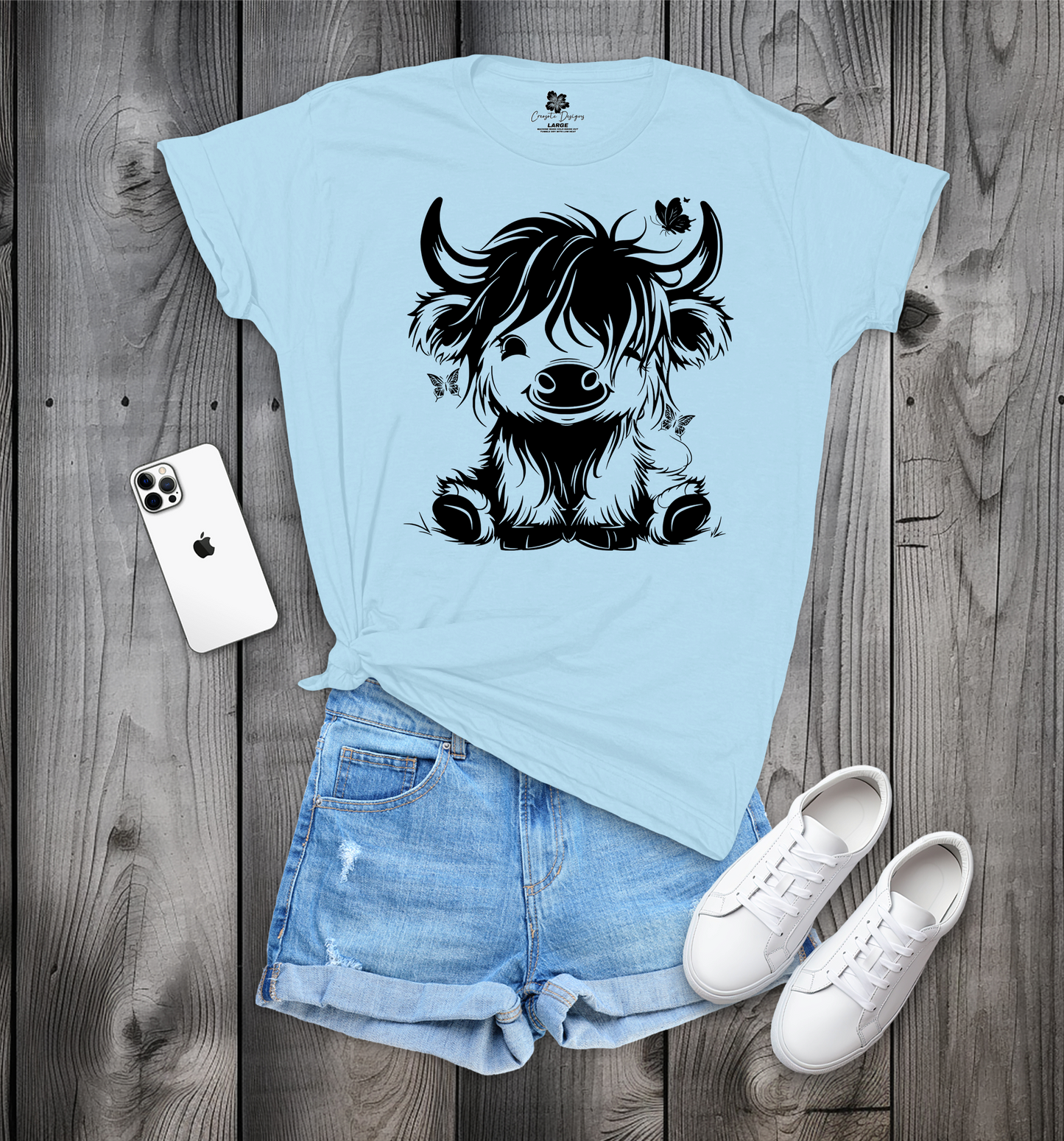 Cute Sitting Highland Cow with Butterflies T-Shirt, Cute Cow T-Shirt, Baby Cow T-Shirt