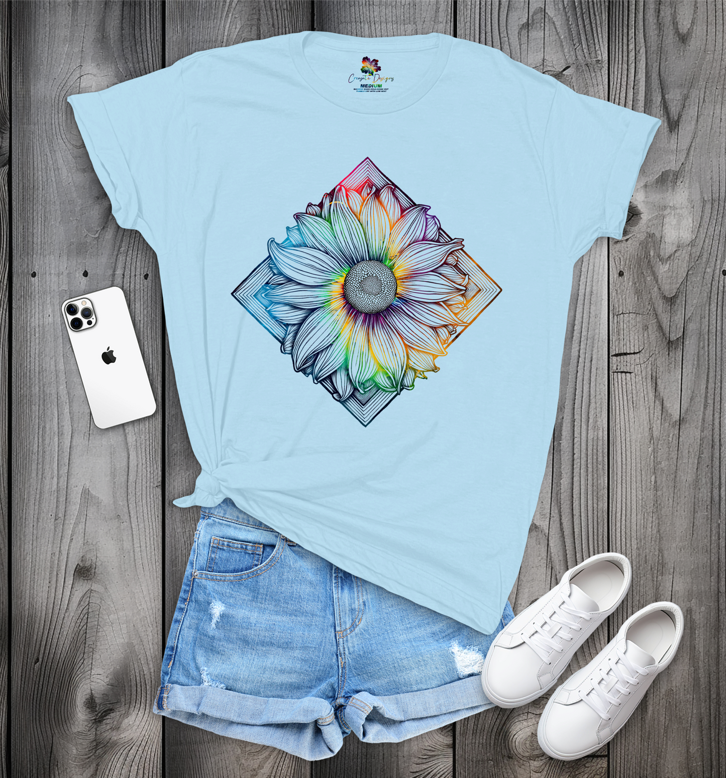 Women's Sunflower Swirl Print T-Shirt, Tie Dye Sunflower Design, Enchanting Sunflower Tee